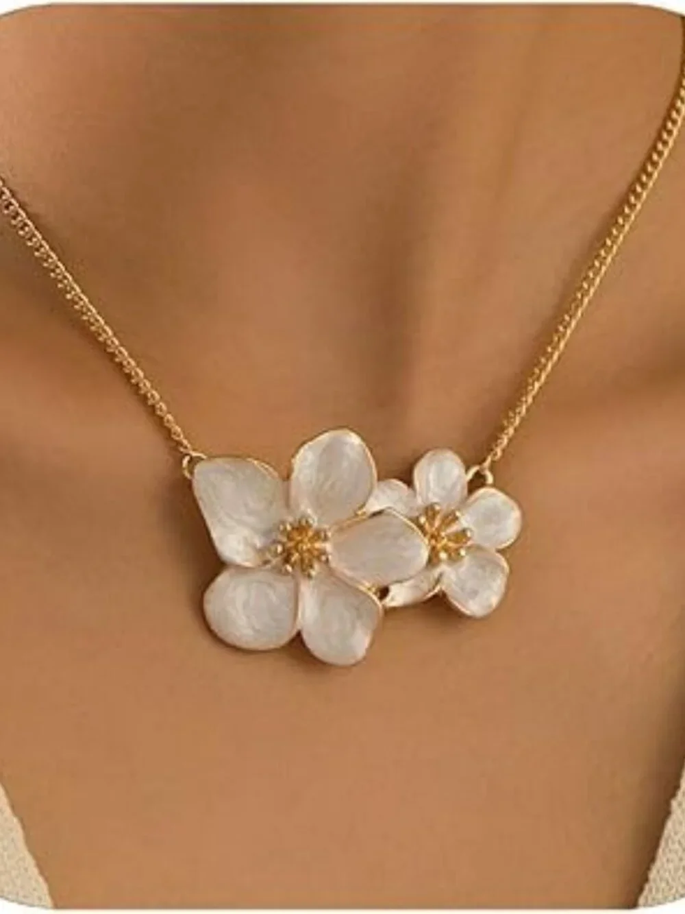 NEW Flower Necklace Floral Double Pendant Flower Statement Choker Gold‎ Tone
